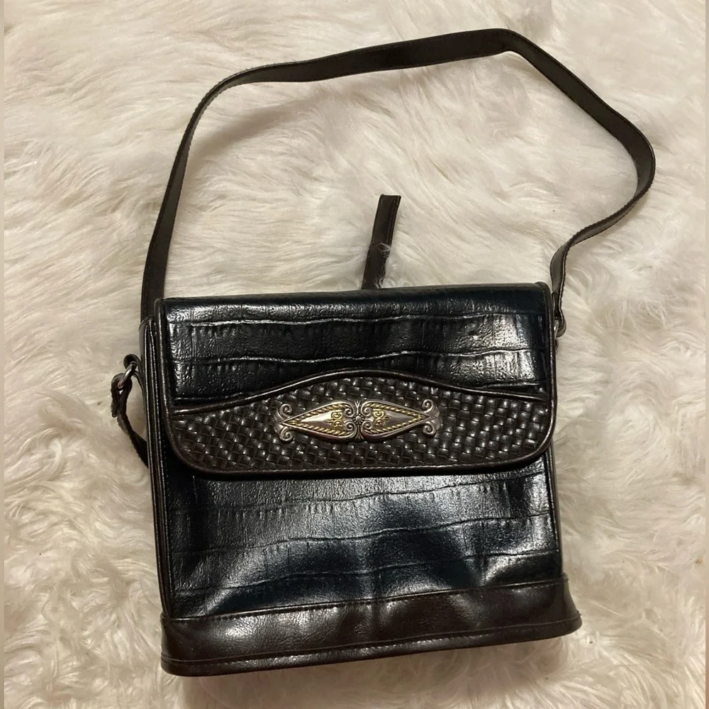 Vintage Marlo black leather‎ mock croc brown shoulder purse western bucket bag